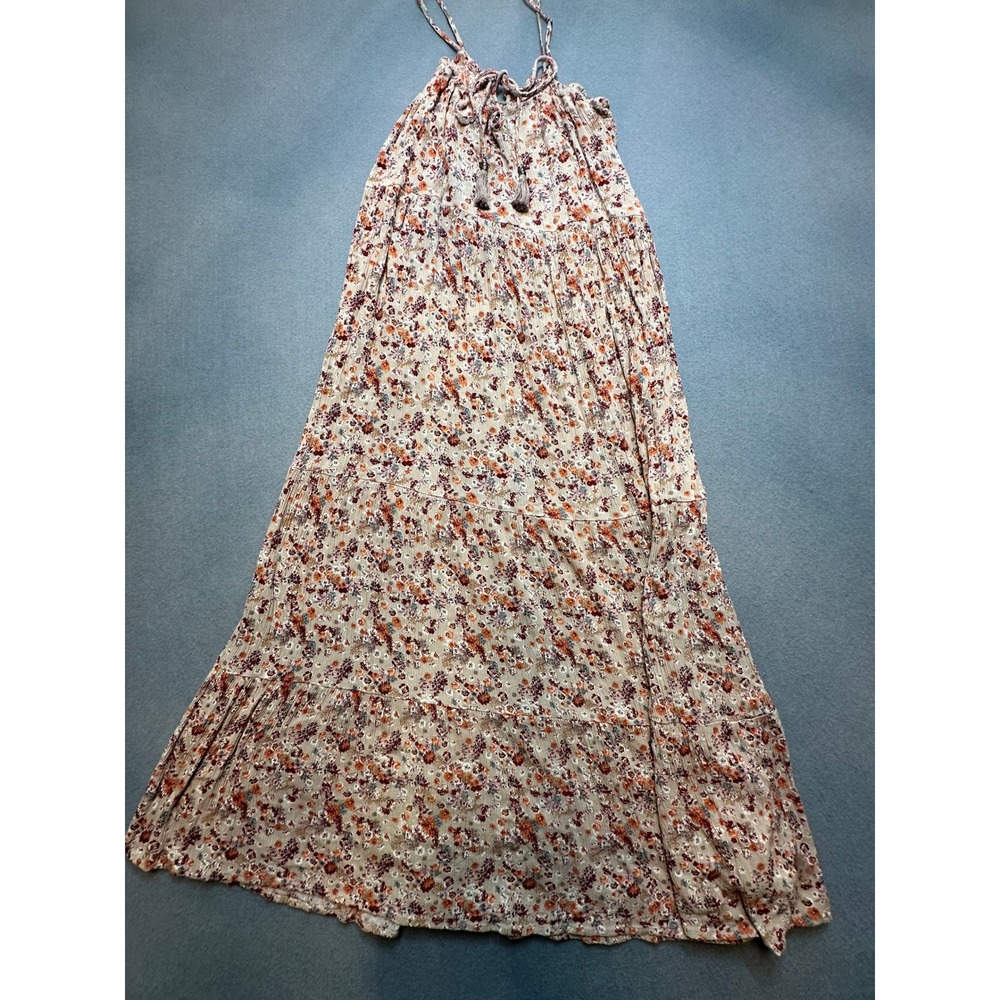 Floral Tiered Halter Maxi Dress with Tassels Orange Purple Small - 119